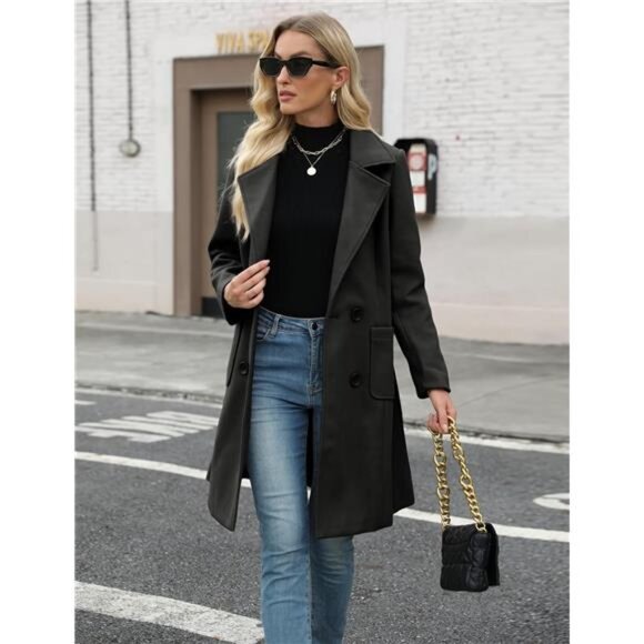 Women Winter Wool Blend Camel Mid-Long Coat Notch Double-Breasted Lapel - Picture 4 of 7